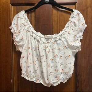 Floral Ruffle Trim White Top